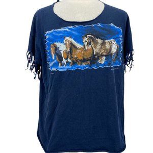Vintage Pride products Inc. Men's Navy Blue Cowboy Horses Print T-shirt Size XL